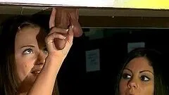 Crafty college whores have made a gloryhole in a table