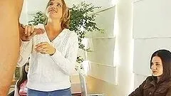 Three stunners are toying around with their buddy's cock