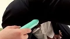 Japanese chick gets her pants cut and her snatch fucked through the hole