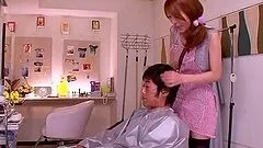 Japanese barber Rin Sakuragi gives a handjob to her client