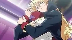 Tied up anime blonde slave getting her boobs teased