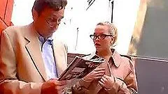 Blonde girl in glasses and stockings rides a dick and sucks it