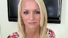 Petite blonde swallows a huge load of cum