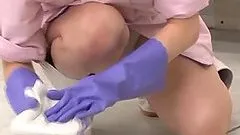 Japanese Cleaning Lady Gets Fingered In The Bathroom