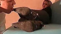 Busty babe loves rubbing his cock with her nylon feet