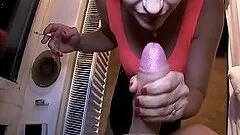 Busty brunette babe gets naked and makes him moan