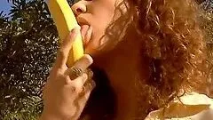 Skinny chick Juliette Shyn fucks her snatch with a dildo outdoors