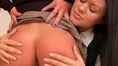 Two stunning brunette in school uniform in hot lesbian video