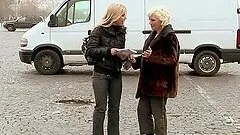 Blonde granny Orhidea fucks some girl's asshole with a strap on