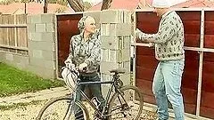 Honey with a shaved head and hot tattoo seduces this mature man