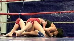 Dorina Gold and Melissa Ria fight and lick pussies on a ring