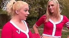 Transsexual Cheerleader rides a hard cock in the park