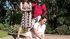 Two brunette hotties suck a cock outside and inside the house