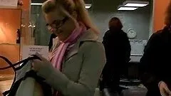 Cute blonde Olya sucks a cock in the public bathroom