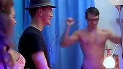 Two college babes are serving a lucky buddy