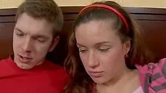 Skinny teen babe sucks a cock and gets fucked in the bedroom