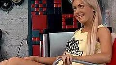 Sweet blonde chicks toy their pussies with big red dildo