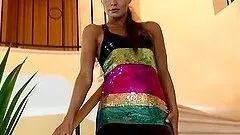 Brown-haired bitch strips and finger-fucks her pussy