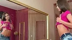 Skinny brown-haired girl fingers her pussy and screams in pleasure