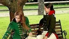 Hot girls in XVIII century military uniform fucking in the park