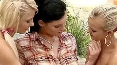 Outdoor orgy with two hot blonds and a brunette