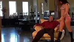 Busty brunette in hot bikini gets naked and dances on him