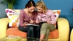 Blonde and brunette toy each other in the waiting room