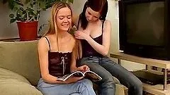 Delightful lesbian girls lick and toy each other with big dildo