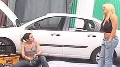 Amber Rayne and Heidi Mayne having wild lesbian sex near the car