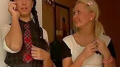 Mature Blonde Giving a Double Toy Penetration Class to Two Sexy Teens