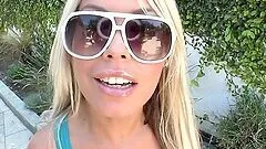 Sexy blonde's outdoor handjob with amazing cumshot