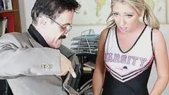 Old Man Taps A Blonde Cheerleader's Wet Spot