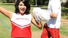 Adorable brunette cheerleader strips down and gets fucked in the locker room