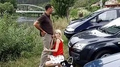 Hot blonde Girl sucking and fucking in public