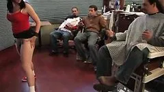 Horny Brunette Gets Turned On For A Public Gangbang In A Barbershop