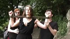 Brunette Gets Tided Up Butt Naked To A Bridge In Public