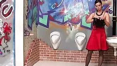 Pretty Brunette In Red Dress Gets Totally Covered In Cum By a Gloryhole