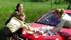 Sexy Babes End Up Soapy And Wet As They Wash Their Car Outdoors