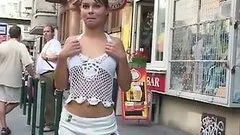 Voyeur Brunette Flashes Her Juicy Boobs and Shaved Pussy In Public