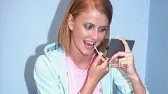 Skinny Blonde Teen Sucks and Fucks a Big Cock Through a Glory Hole