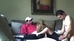 Sexy Blonde Gets Double Penetrated Wearing Lingerie in a Homemade Threesome