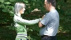 Old Man Fucks a Blonde Beauty Outdoors In The Forest