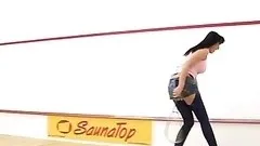 Sporty Brunette Babe With Juicy Natural Jugs Masturbates on a Squash Court