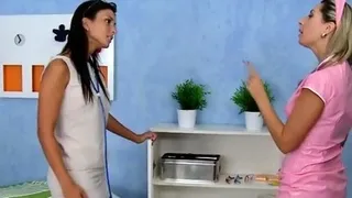 Femdom nurses pegging patient in trio