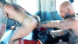 Fisting DILF fucks BFs asshole in van