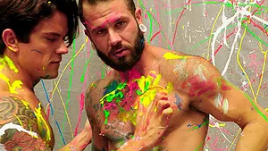 Dirty gay sex between two handsome dudes covered with paint