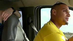 Skinny amateur Emily Benjamins enjoys teasing a stranger in the car