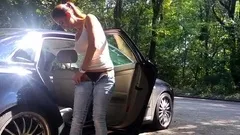 Lewd brunette ashley storm jerks big cock outdoor