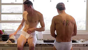 Wild gay fucking on the bed between two muscular best friends