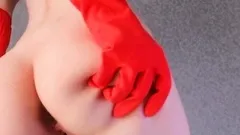 Red Rubber Gloves, Hairy Pussy ASMR - Sexy Russian Teen Solo